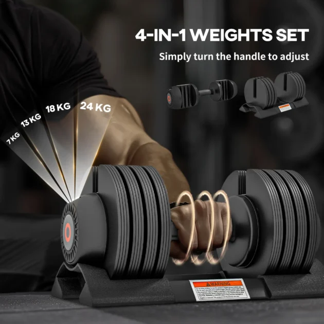 SPORTNOW 2 x 24KG Adjustable Dumbbells Set, 4-in-1 Weights Set with Storage Tray and Non-Slip Handle for Home Gym in Black - Image 3
