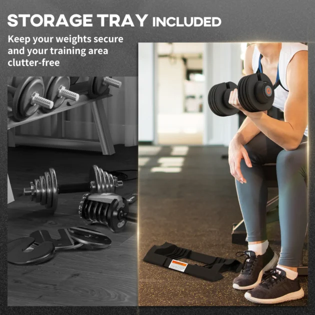 SPORTNOW 2 x 24KG Adjustable Dumbbells Set, 4-in-1 Weights Set with Storage Tray and Non-Slip Handle for Home Gym in Black - Image 4