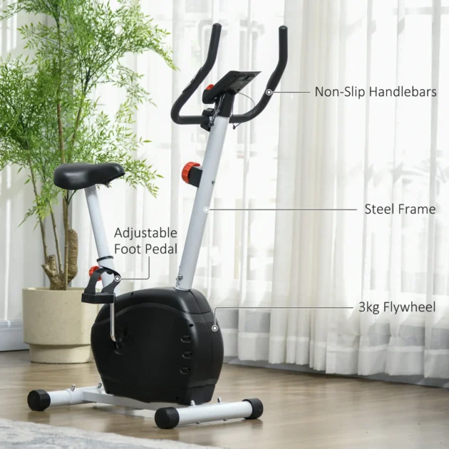 SPORTNOW Quiet Exercise Bike Stationary Bike with 8-Level Magnetic Resistance, Heart-Rate Sensor and Wheels in White - Image 6