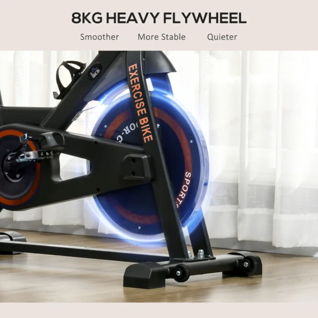 HOMCOM Black Exercise Bike, 8kg Flywheel Stationary Bike Indoor Cycling Machine with Adjustable Resistance Seat Handlebar - Image 6