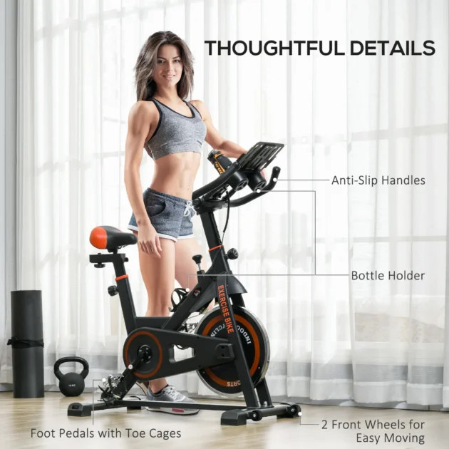 HOMCOM Black Exercise Bike, 8kg Flywheel Stationary Bike Indoor Cycling Machine with Adjustable Resistance Seat Handlebar - Image 7