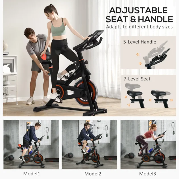 HOMCOM Black Exercise Bike, 8kg Flywheel Stationary Bike Indoor Cycling Machine with Adjustable Resistance Seat Handlebar - Image 4