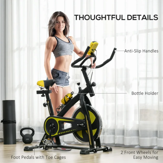Indoor Exercise Bike, Stationary Bike, Cycling Machine with Adjustable Seat and Resistance for Home Gym Workout in Yellow by SPORTNOW - Image 6