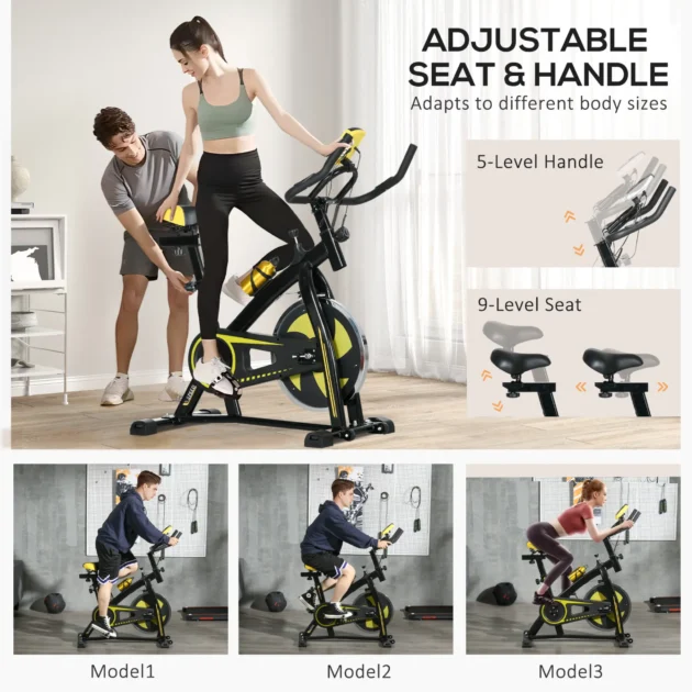 Indoor Exercise Bike, Stationary Bike, Cycling Machine with Adjustable Seat and Resistance for Home Gym Workout in Yellow by SPORTNOW - Image 5