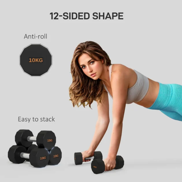 2 x 10kg Dumbbells Weights Set with 12-Sided Shape and Non-Slip Grip for Men Women Home Gym Workout by SPORTNOW - Image 3