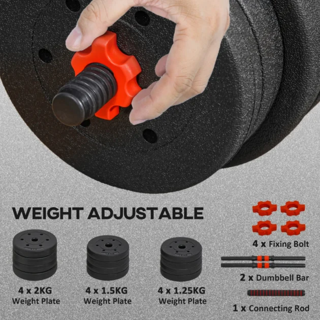 20kg 2 IN 1 Adjustable Dumbbells Weight Set, Dumbbell Hand Weight Barbell for Body Fitness, Lifting Training for Home, Office, Gym, Black by HOMCOM - Image 5