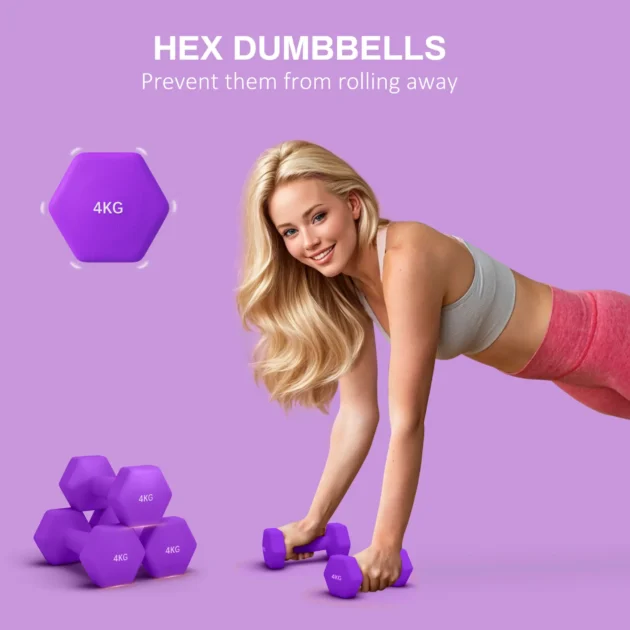 2 x 4kg Hexagonal Dumbbells Weights Set with Non-Slip Grip for Home Gym Workout in Purple by SPORTNOW - Image 3