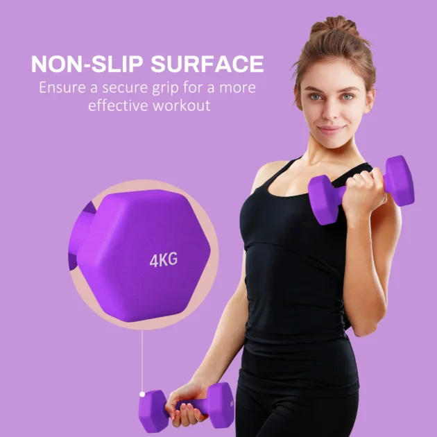 2 x 4kg Hexagonal Dumbbells Weights Set with Non-Slip Grip for Home Gym Workout in Purple by SPORTNOW - Image 5