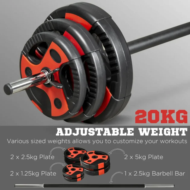 20kg Barbell Weights Set, Adjustable Weight Set, Free Body Pump Bar and Weights, Weight Lifting Strength Training Equipment for Home Gym Exercise by SPORTNOW - Image 3